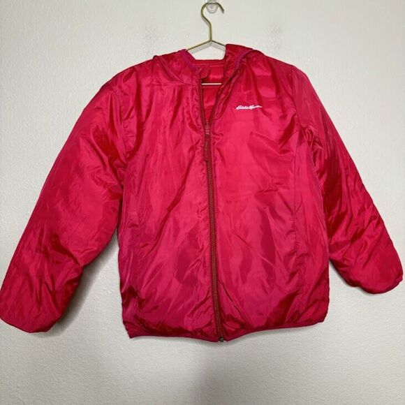 Eddie Bauer Jacket Girls Large 14/16 Puffer Ombre Pink Full Zip Reversible Hood - Picture 3 of 13